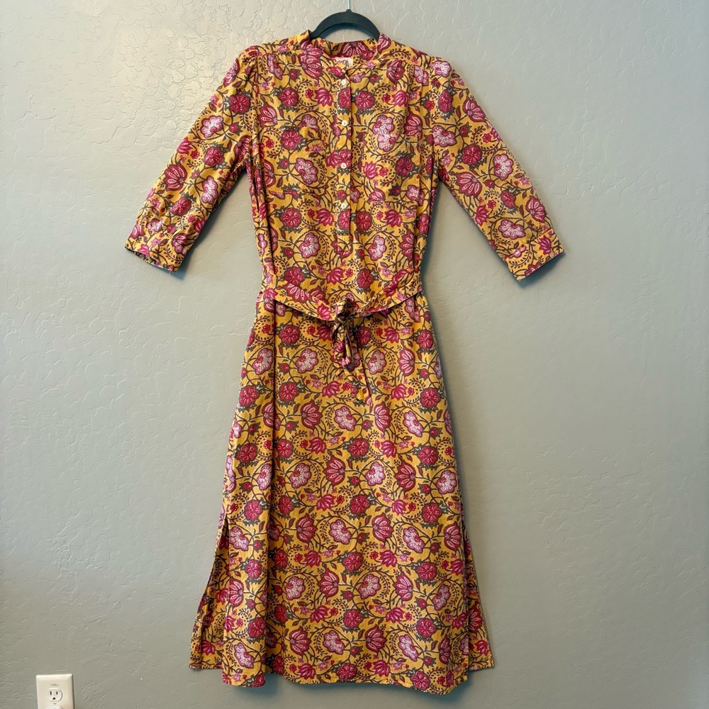 Floral Print Yellow and Pink Midi Dress with Tie Waist